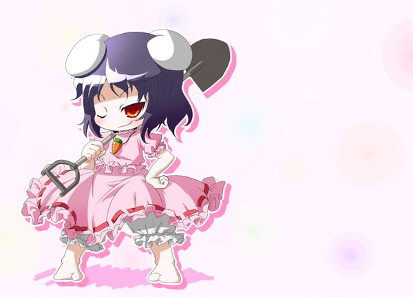 Anime picture 2748x1976 with touhou inaba tewi arinu single fringe highres short hair black hair simple background smile red eyes standing holding animal ears full body one eye closed barefoot wink bunny ears puffy sleeves
