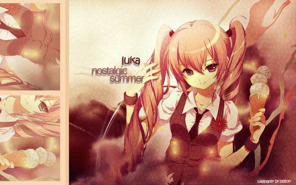Anime picture 1280x800 with vocaloid megurine luka shirahane nao single long hair looking at viewer blue eyes wide image twintails signed pink hair inscription wallpaper girl uniform ribbon (ribbons) school uniform necktie food sweets