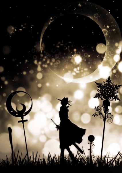 Anime picture 2508x3541 with harada miyuki tall image highres standing profile walking glow crescent silhouette boy weapon plant (plants) hat sword moon grass