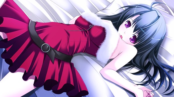 Anime picture 1280x720 with end sleep single long hair breasts open mouth light erotic black hair wide image purple eyes bare shoulders game cg lying girl dress