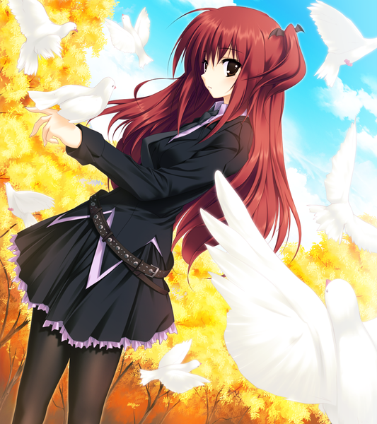 Anime picture 1024x1152 with nekonade distortion nanakase yui tsukinon single long hair tall image blush standing brown eyes game cg sky cloud (clouds) red hair long sleeves one side up flying bat wings autumn girl skirt