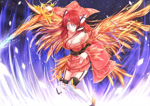 Anime picture 1400x990 with original kazenokaze single long hair blue eyes red hair long sleeves traditional clothes japanese clothes girl thighhighs hair ornament weapon black thighhighs sword wings kimono fire