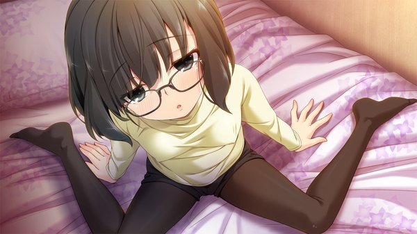 Anime picture 1280x720 with tsuisou no augment hinasaki you blush short hair blue eyes black hair wide image game cg girl pantyhose glasses shorts