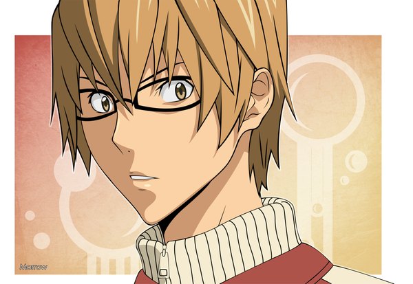 Anime picture 2000x1377 with bakuman. j.c. staff akito takagi morrow single highres blonde hair simple background brown eyes border portrait close-up vector boy glasses