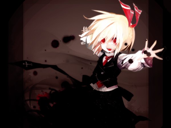 Anime picture 1280x960 with touhou rumia banpai akira single looking at viewer short hair open mouth blonde hair red eyes spread arms girl skirt ribbon (ribbons) hair ribbon vest skirt set