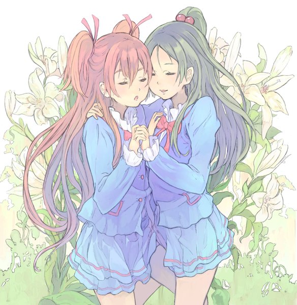 Anime picture 1459x1500 with precure suite precure toei animation houjou hibiki minamino kanade toromi chuka long hair tall image blush open mouth multiple girls ponytail red hair eyes closed green hair light smile two side up hug holding hands floral background