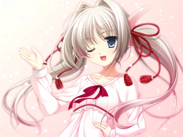 Anime picture 1600x1200 with tasogare no saki ni noboru ashita odawara hakone long hair open mouth blue eyes twintails game cg white hair one eye closed wink girl dress ribbon (ribbons) hair ribbon