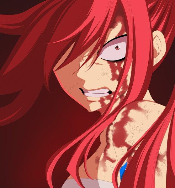 Anime picture 2000x2153 with fairy tail erza scarlet advance996 single long hair tall image fringe highres simple background bare shoulders brown eyes red hair hair over one eye tattoo grin coloring angry girl blood