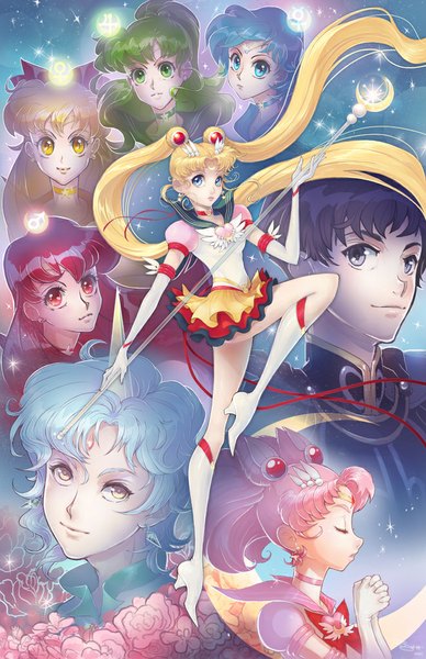 Anime picture 660x1020 with bishoujo senshi sailor moon toei animation tsukino usagi sailor moon aino minako kino makoto sailor venus sailor mars sailor mercury sailor jupiter sailor chibi moon helios prince endymion channelsquare channel-square long hair tall image short hair blue eyes blonde hair