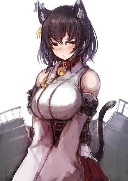 Anime picture 780x1098 with kantai collection yamashiro battleship sumisu (mondo) single tall image looking at viewer blush fringe short hair breasts black hair simple background red eyes large breasts standing white background animal ears tail traditional clothes japanese clothes