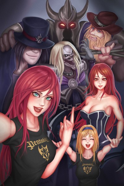 Anime picture 1000x1495 with league of legends sona buvelle katarina (league of legends) lux (league of legends) olaf (league of legends) karthus (league of legends) mordekaiser (league of legends) yorick (league of legends) eliskalti long hair tall image short hair breasts open mouth blue eyes light erotic black hair blonde hair smile bare shoulders