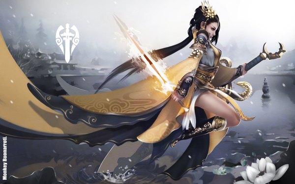Anime picture 1960x1225 with jianxia qingyuan 3 monkey (weibo) single long hair highres black hair wide image signed profile realistic magic lake girl hair ornament flower (flowers) weapon water armor snake water lily