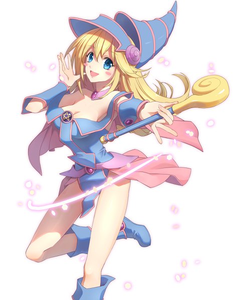 Anime picture 942x1200 with yu-gi-oh! dark magician girl chocofox single long hair tall image looking at viewer fringe open mouth blue eyes blonde hair simple background hair between eyes white background cleavage bent knee (knees) blush stickers girl hat detached sleeves