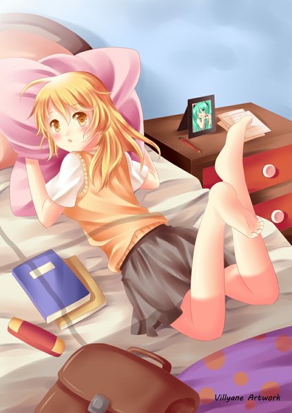 Anime picture 826x1169 with original villyane single long hair tall image looking at viewer blush open mouth blonde hair yellow eyes lying barefoot legs framed girl skirt uniform school uniform pillow book (books)