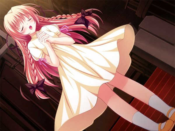 Anime picture 1024x768 with sacred vampire (game) long hair blush open mouth blonde hair game cg braid (braids) eyes closed hands clasped interlocked fingers singing girl dress