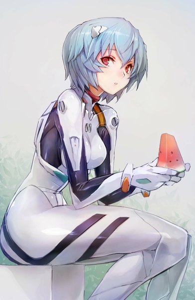 Anime picture 1108x1700 with neon genesis evangelion gainax ayanami rei taishi (picchiridou) single tall image looking at viewer fringe short hair breasts red eyes sitting holding blue hair bent knee (knees) girl food bodysuit berry (berries) watermelon
