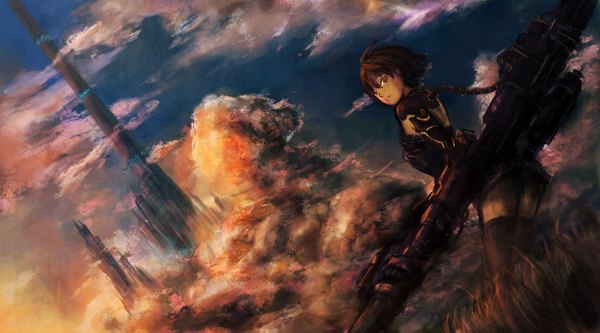 Anime picture 2000x1111 with original seafh (artist) fringe highres short hair red eyes brown hair wide image sky cloud (clouds) looking back hair over one eye smoke girl thighhighs weapon plant (plants) building (buildings) grass tower