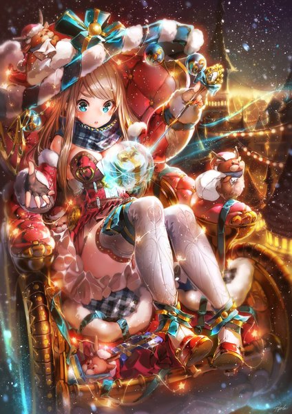 Anime picture 750x1061 with original ryota (ry o ta) single long hair tall image blush fringe blue eyes blonde hair sitting blunt bangs snowing christmas girl thighhighs dress gloves bow hat white thighhighs