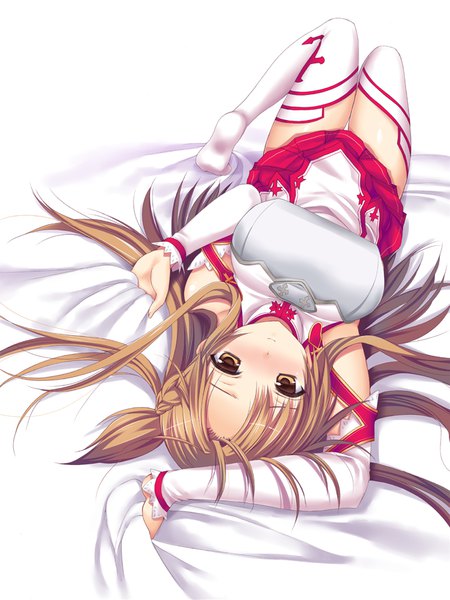 Anime picture 717x956 with sword art online a-1 pictures yuuki asuna azuma yuki single long hair tall image looking at viewer blush light erotic simple background brown hair white background brown eyes bent knee (knees) lying embarrassed girl thighhighs dress