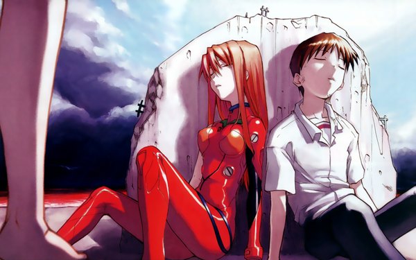 Anime picture 1680x1050 with neon genesis evangelion gainax soryu asuka langley ikari shinji wide image pilot suit