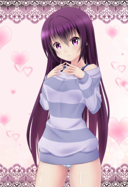 Anime picture 900x1309 with gochuumon wa usagi desu ka? white fox tedeza rize nonaka ritsu single long hair tall image looking at viewer light erotic purple eyes purple hair pantyshot girl underwear panties sweater dress