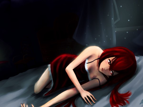 Anime picture 1600x1200 with vocaloid cul single long hair fringe red eyes red hair lying off shoulder alternate costume legs on side girl dress star (stars)