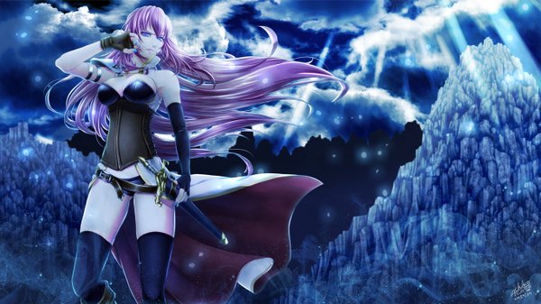 Anime picture 1366x768 with vocaloid megurine luka achikoako long hair looking at viewer breasts blue eyes light erotic wide image pink hair sky cloud (clouds) sunlight pantyshot sunbeam girl thighhighs gloves underwear panties