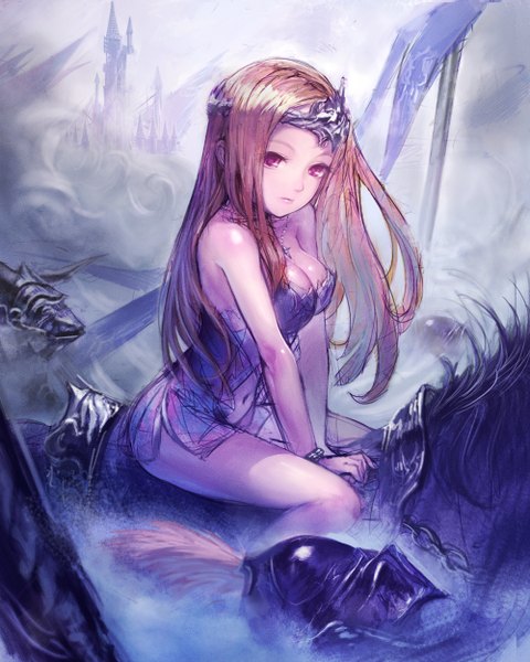 Anime picture 1000x1250 with hikaru (miraclehikaru) single long hair tall image looking at viewer light erotic sitting bare shoulders pink hair pink eyes bare belly bare legs purple background fog girl dress hair ornament choker bracelet armor