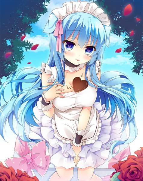 Anime picture 800x1010 with momoiro taisen pairon original natsuki yuu (amemizu) single long hair tall image looking at viewer blush fringe breasts blue eyes light erotic blue hair sky cloud (clouds) from above symbol-shaped pupils valentine girl flower (flowers)