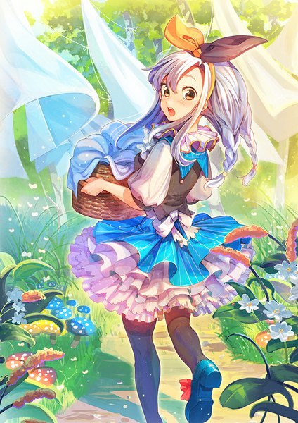 Anime picture 707x1000 with original chachie single long hair tall image looking at viewer blush open mouth brown eyes silver hair looking back turning head walking girl thighhighs dress flower (flowers) bow ribbon (ribbons) black thighhighs