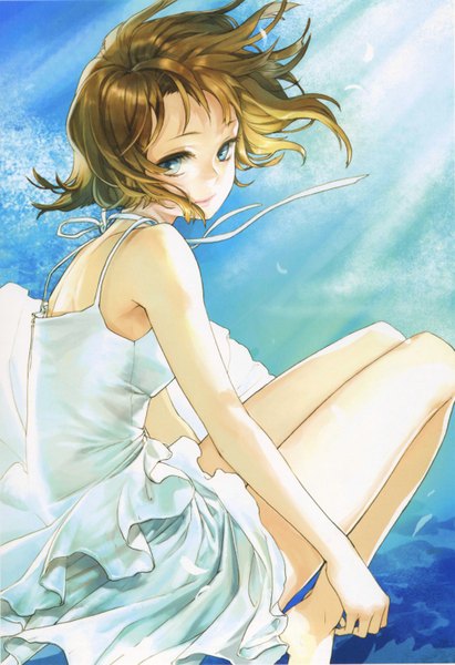 Anime picture 4104x5982 with original salt (salty) single tall image highres short hair blue eyes brown hair sitting bare shoulders absurdres barefoot wind sunlight scan bare legs lipstick girl sundress
