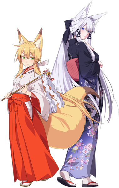 イラスト 520x820 と オリジナル tamamo (yagi) tamakagura inari やぎ(にんげん) 長身像 カメラ目線 赤面 前髪 青い目 simple background 笑顔 hair between eyes 白背景 multiple girls holding 緑の目 獣耳 payot purple hair 全身