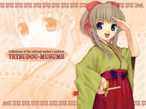 Anime picture 1280x960 with tetsudou musume yagisawa mai mibu natsuki single looking at viewer short hair open mouth blue eyes brown hair payot ponytail traditional clothes japanese clothes wallpaper copyright name hand on hip salute girl bow hair bow