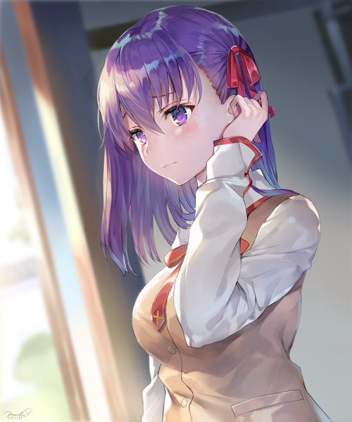 Anime picture 800x960 with fate (series) fate/stay night matou sakura momoko (momopoco) single long hair tall image blush fringe breasts hair between eyes purple eyes signed looking away purple hair upper body indoors long sleeves arm up blurry
