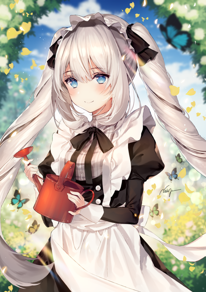 Anime picture 600x847 with fate (series) fate/grand order marie antoinette (fate/grand order) necomi (gussan) single long hair tall image looking at viewer blush fringe blue eyes smile hair between eyes standing twintails holding signed payot sky silver hair