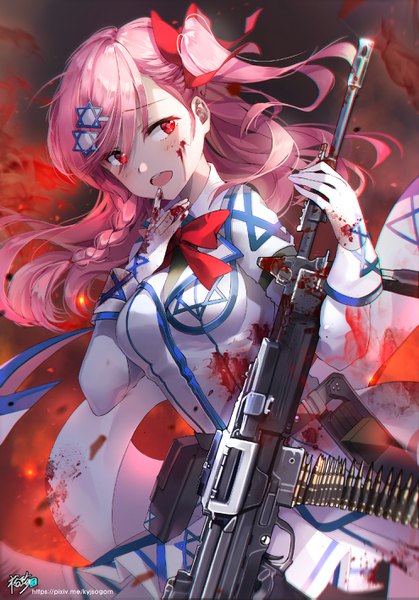 Anime picture 1980x2837 with girls frontline negev (girls' frontline) kyjsogom single long hair tall image blush fringe highres open mouth hair between eyes red eyes holding looking away pink hair braid (braids) wind teeth one side up finger to mouth