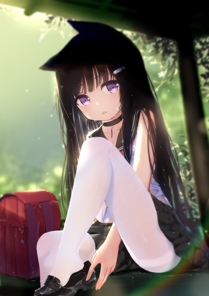 Anime picture 2149x3035 with original fufumi single long hair tall image looking at viewer fringe highres open mouth black hair purple eyes animal ears bent knee (knees) outdoors head tilt pleated skirt sunlight cat ears wet fang (fangs)