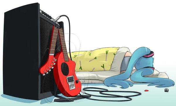 Anime picture 1500x900 with vocaloid hatsune miku nagian single long hair simple background wide image white background twintails bare shoulders signed blue hair lying from behind girl wire (wires) guitar speakers futon