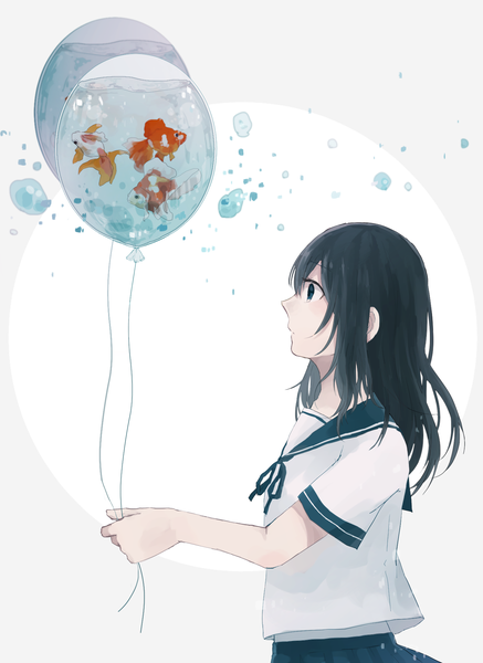 Anime picture 1406x1927 with original danjou sora single long hair tall image fringe blue eyes black hair simple background holding looking away upper body pleated skirt short sleeves outstretched arm girl skirt uniform animal water