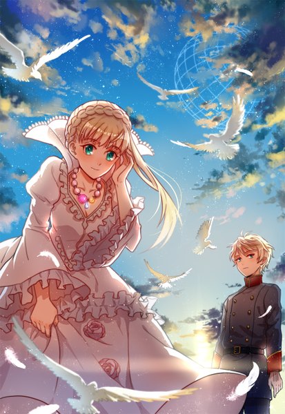 Anime-Bild 1016x1476 mit aldnoah.zero a-1 pictures slaine troyard asseylum vers allusia majiang long hair tall image looking at viewer blush fringe short hair blonde hair smile sky cloud (clouds) aqua eyes girl dress boy animal