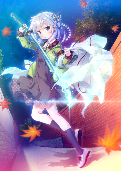 Anime picture 1280x1808 with akane iro no kyoukaisen amagasaki kasumi masaki kei single long hair tall image looking at viewer standing brown eyes sky silver hair full body bent knee (knees) outdoors braid (braids) parted lips night open jacket night sky standing on one leg