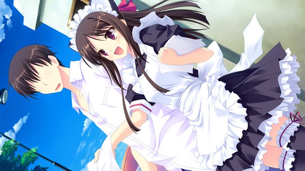 Anime picture 1280x720 with amakan (game) yashima otome long hair open mouth black hair wide image animal ears game cg pink eyes cat ears maid girl thighhighs boy black thighhighs headdress maid headdress