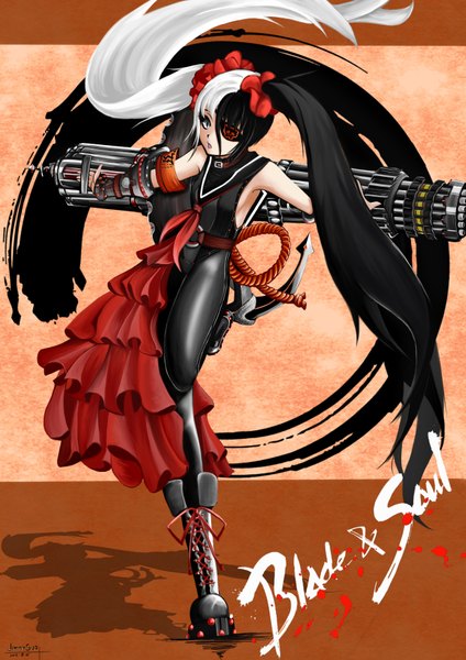 Anime picture 2480x3507 with blade & soul po hwa ran (blade & soul) single tall image highres open mouth twintails very long hair multicolored hair grey eyes girl dress weapon boots gun eyepatch gatling gun