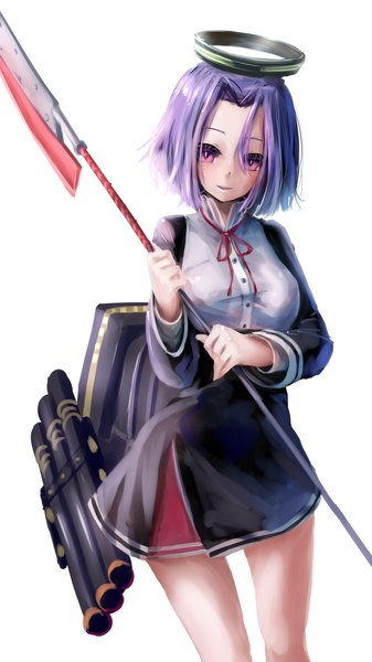 Anime picture 800x1425 with kantai collection tatsuta light cruiser kachayori single tall image looking at viewer blush short hair simple background white background purple hair pink eyes girl dress ribbon (ribbons) weapon halo spear