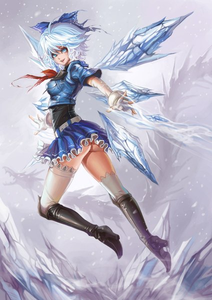 Anime picture 992x1404 with touhou cirno dantewontdie single tall image fringe short hair breasts open mouth blue eyes light erotic smile ahoge ass white hair aqua eyes aqua hair high heels happy snowing