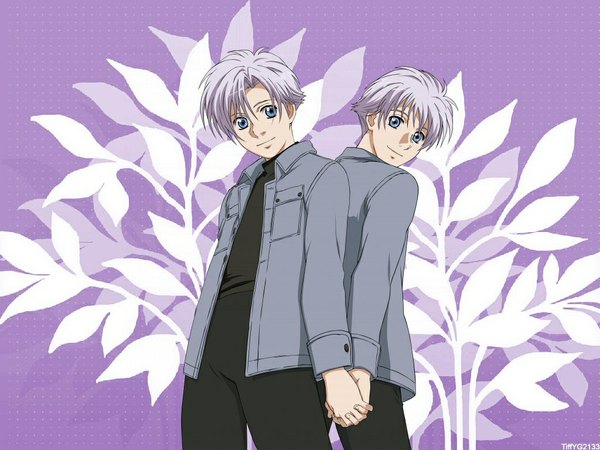 Anime picture 1024x768 with jyu oh sei thor klein rai klein short hair blue eyes smile silver hair multiple boys holding hands twins back to back purple background interlocked fingers boy plant (plants) tree (trees) 2 boys