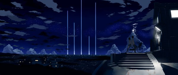 Anime picture 2000x848 with shiira highres short hair wide image sky cloud (clouds) night city milky way panorama serafuku ground vehicle stairs bicycle