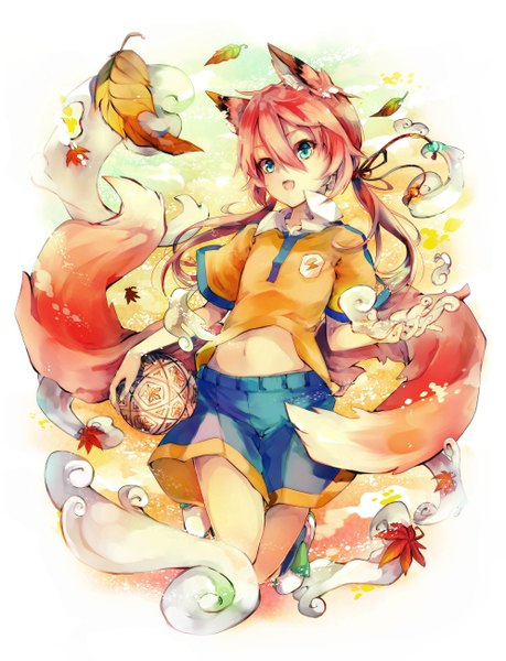 Anime picture 996x1300 with inazuma eleven inazuma eleven go kirino ranmaru yokiri single long hair tall image open mouth blue eyes twintails animal ears looking away red hair tail animal tail bare belly low twintails otoko no ko boy navel