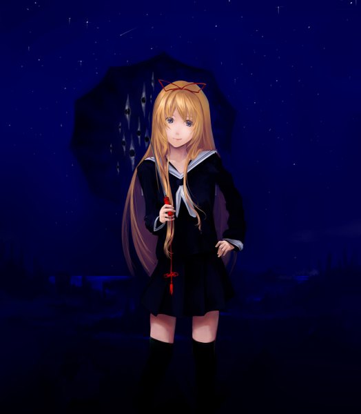 Anime picture 2480x2836 with touhou yakumo yukari samanta single long hair tall image highres blue eyes blonde hair night zettai ryouiki hand on hip landscape eyes gloom girl thighhighs uniform ribbon (ribbons) black thighhighs