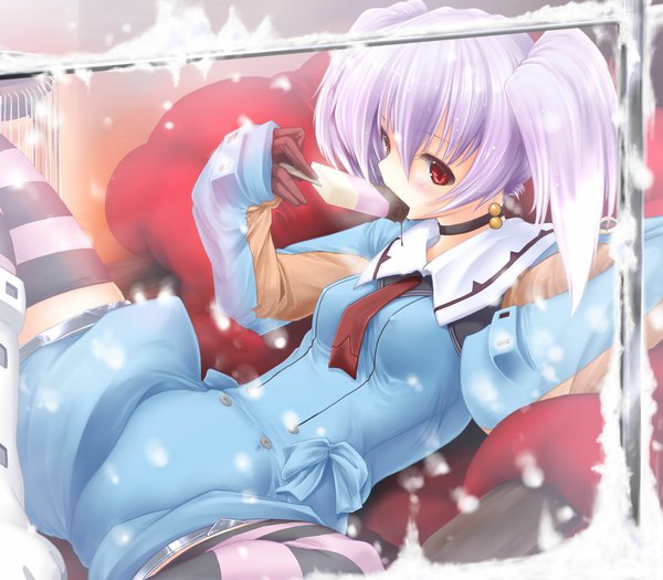 Anime picture 1120x980 with original gizensha single blush short hair red eyes twintails looking away silver hair spread legs snowing winter snow girl thighhighs dress gloves food sweets striped thighhighs